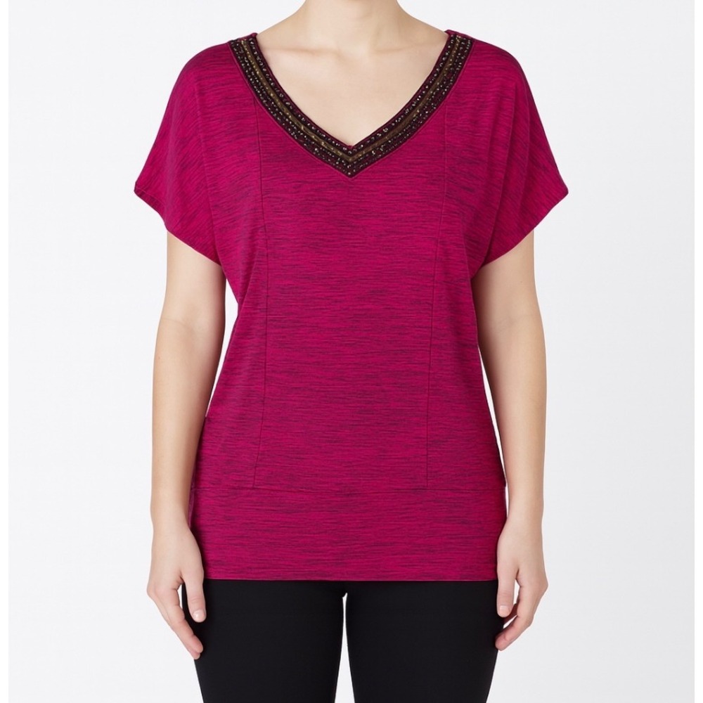 AB Studio Embellished V Neck Top Womens L Pink Magenta Short Sleeve Blouse NWT